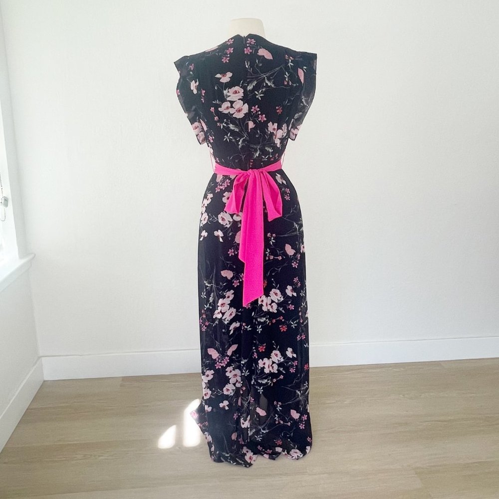 Eliza J Hi-Low Faux Wrap Belted Floral Navy Pink Maxi Dress | 2 - Picture 7 of 13